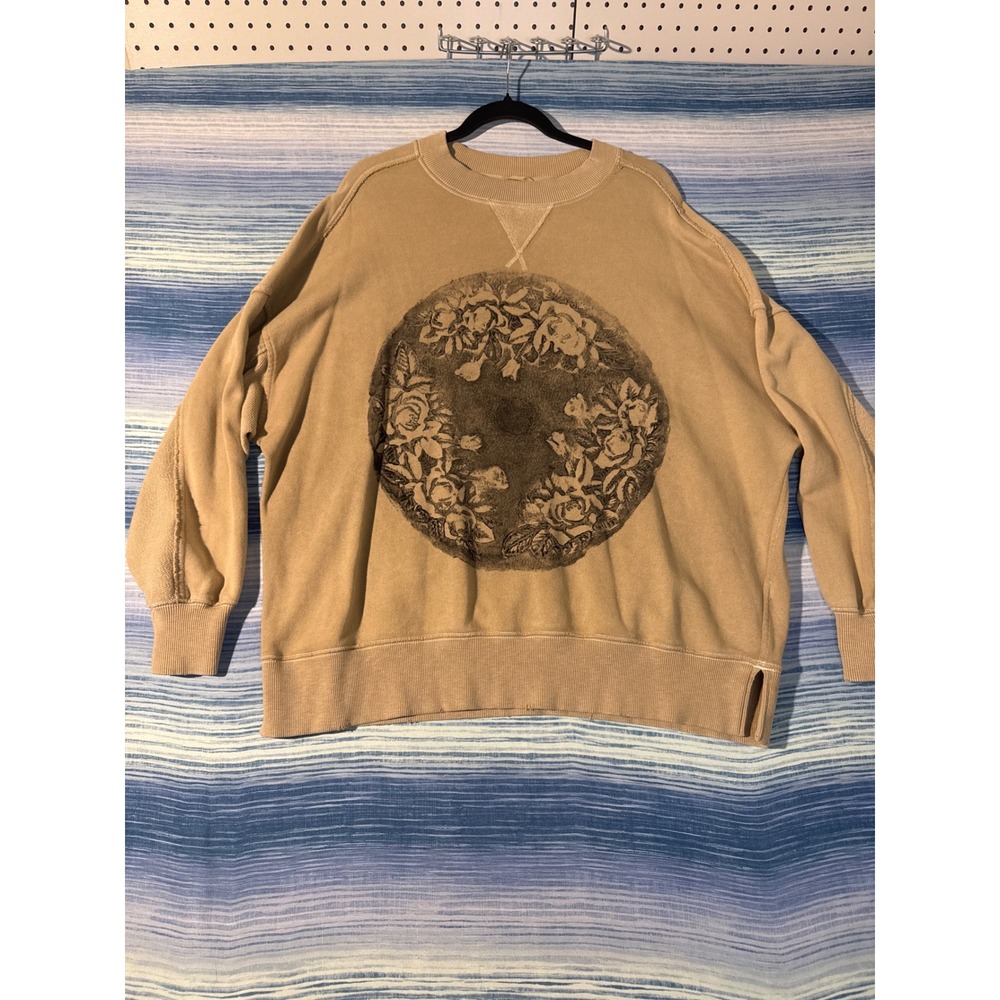 Upcycled Floral Wreath Block Print Sweatshirt Tan Medium One of One